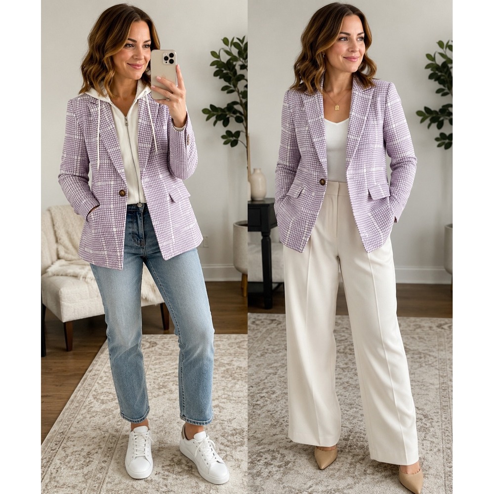 Blue Revival Purple Houndstooth Blazer with Detachable Cream Hood